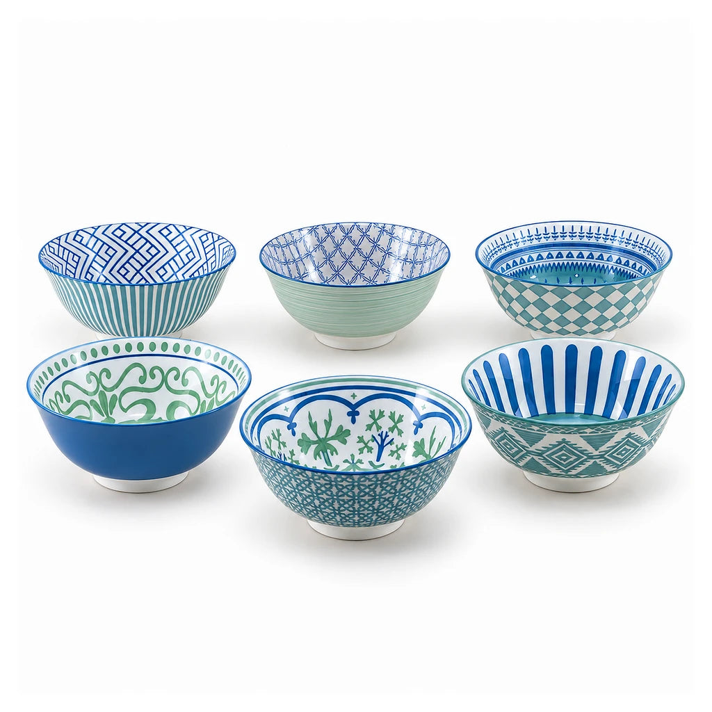 Danny Home 6-Piece Blue & Green Patterned Porcelain Bowl Set - 16 cm
