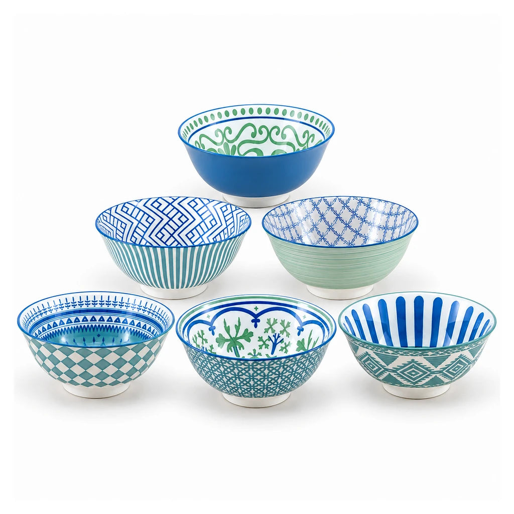Danny Home 6-Piece Blue & Green Patterned Porcelain Bowl Set - 16 cm