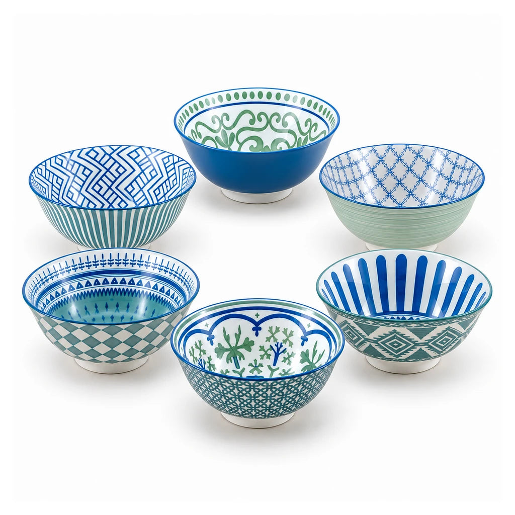 Danny Home 6-Piece Blue & Green Patterned Porcelain Bowl Set - 16 cm