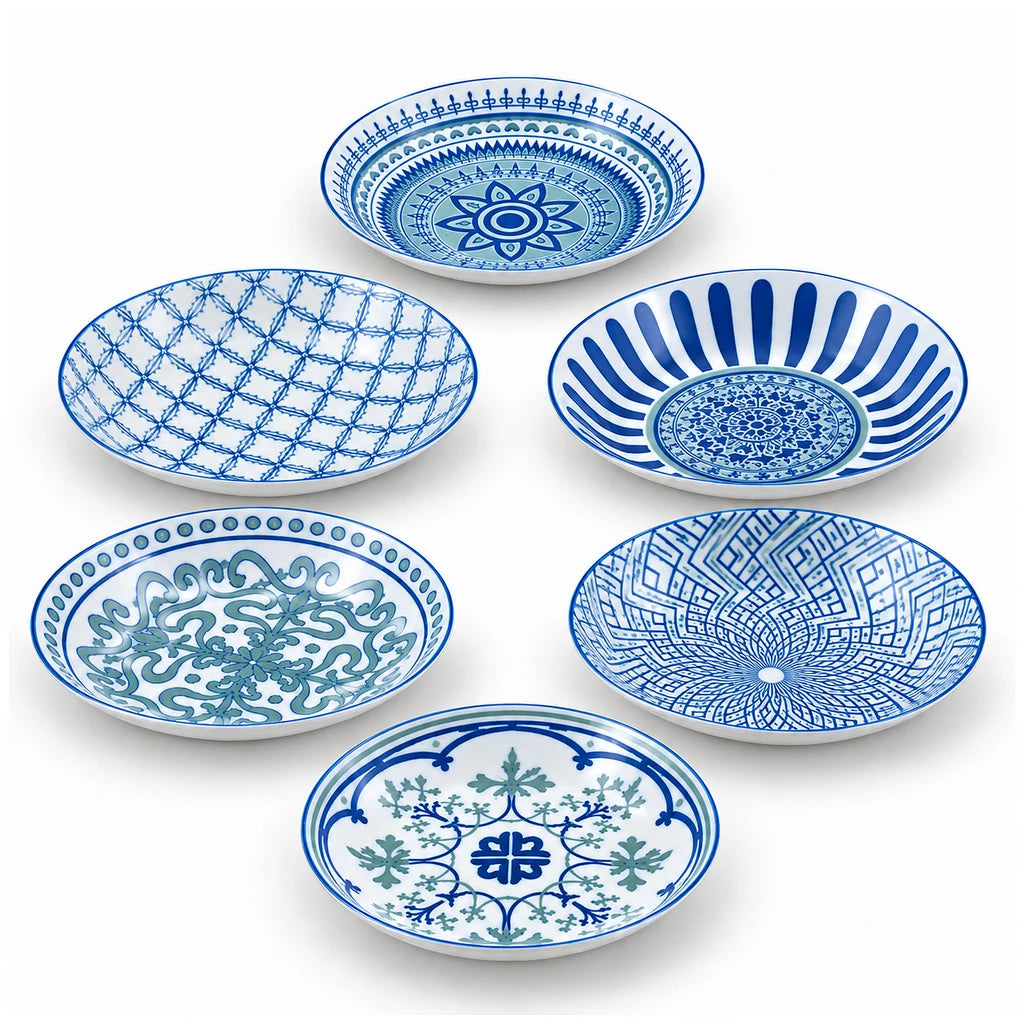 Danny Home 6-Piece Blue & White Porcelain Deep Rice Plate Set - 14 cm