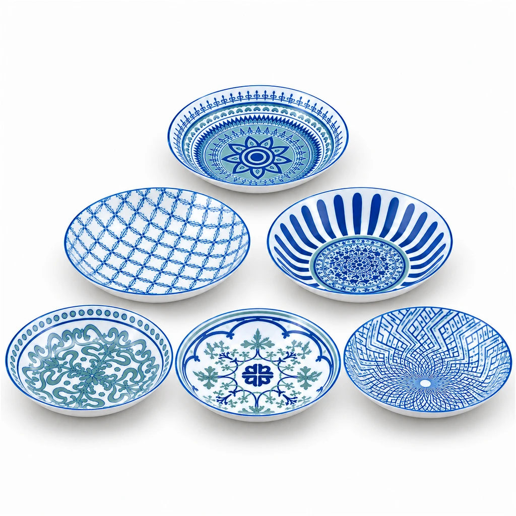Danny Home 6-Piece Blue & White Porcelain Deep Rice Plate Set - 14 cm
