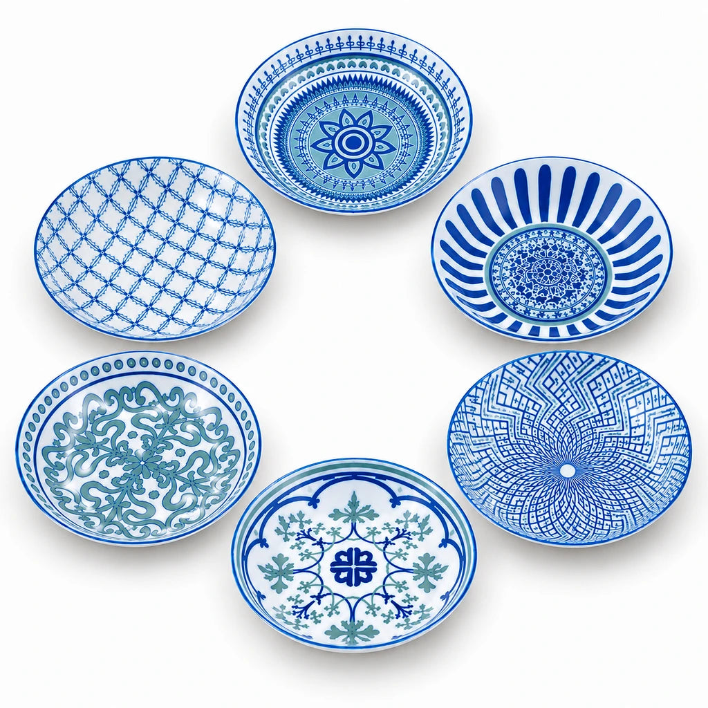 Danny Home 6-Piece Blue & White Porcelain Deep Rice Plate Set - 14 cm