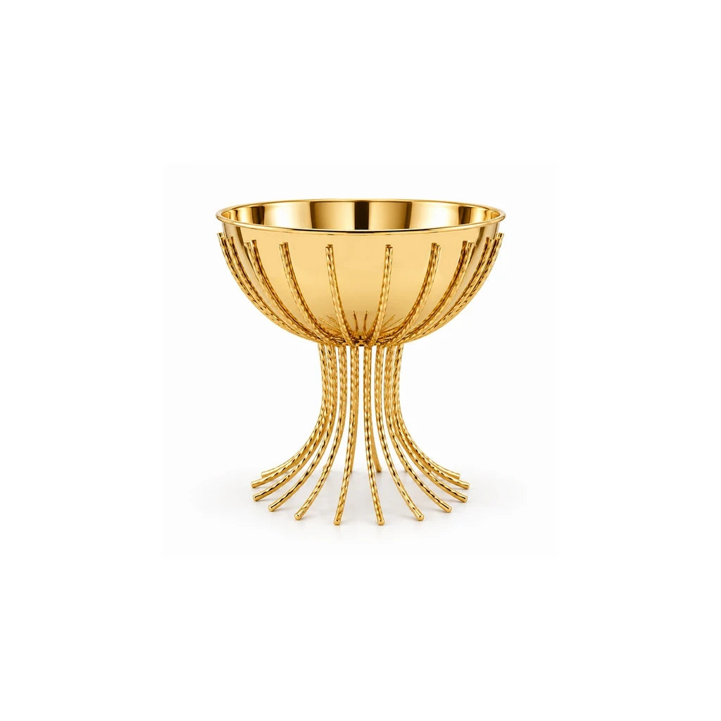 Fancy Gold-Toned Stainless Steel Fruit Bowl With Curved Rod Pedestal - 20 & 25 cm