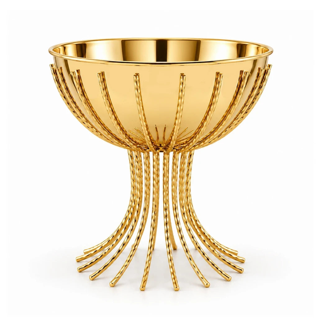 Fancy Gold-Toned Stainless Steel Fruit Bowl With Curved Rod Pedestal - 20 & 25 cm