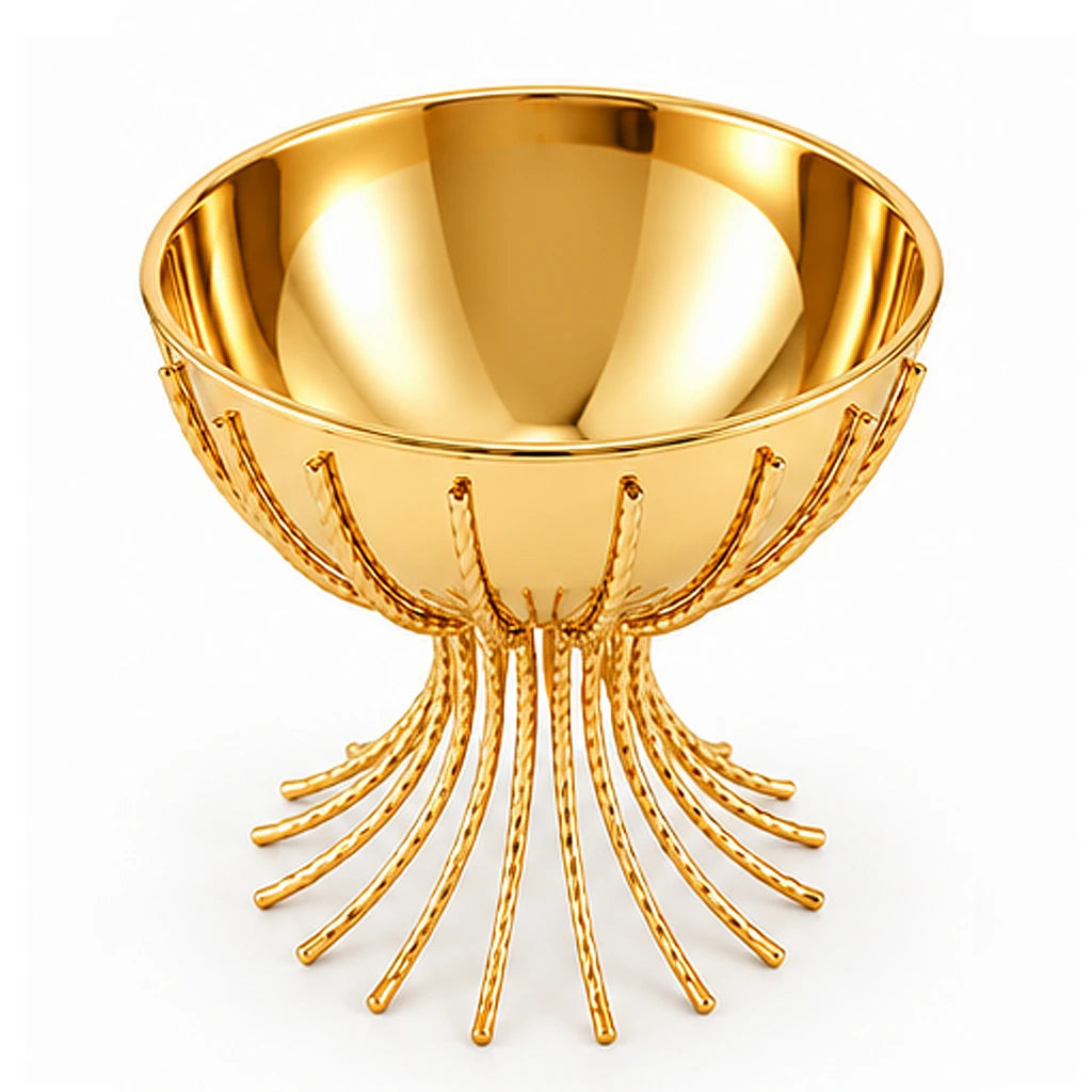 Fancy Gold-Toned Stainless Steel Fruit Bowl With Curved Rod Pedestal - 20 & 25 cm