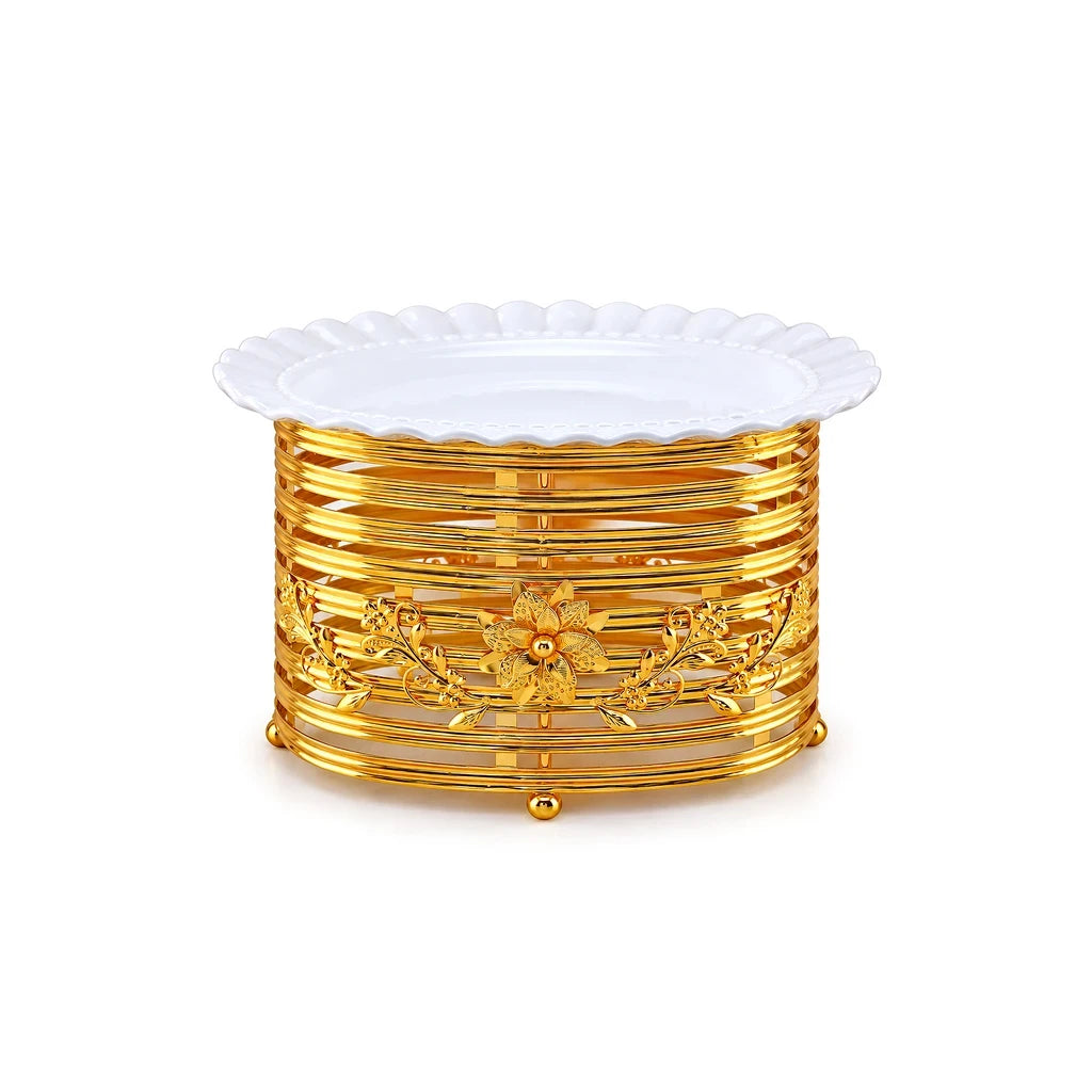 Lotus 30 cm Oval Ceramic Serving Dish With Gold-Toned Floral Ring Stand