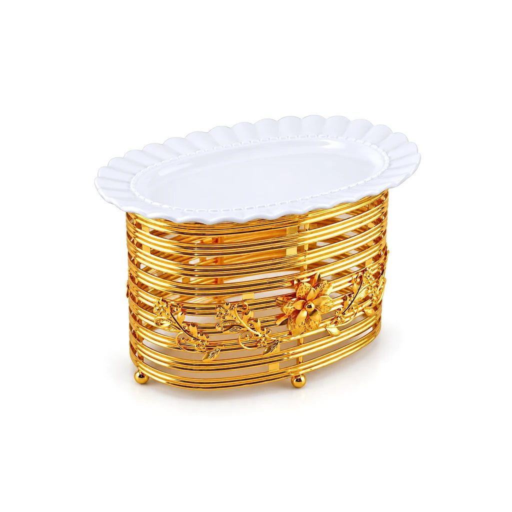 Lotus 30 cm Oval Ceramic Serving Dish With Gold-Toned Floral Ring Stand