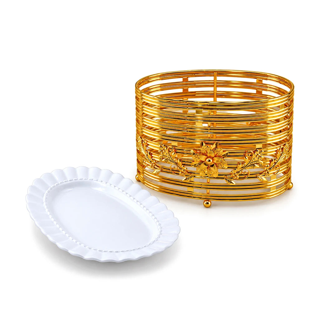 Lotus 30 cm Oval Ceramic Serving Dish With Gold-Toned Floral Ring Stand