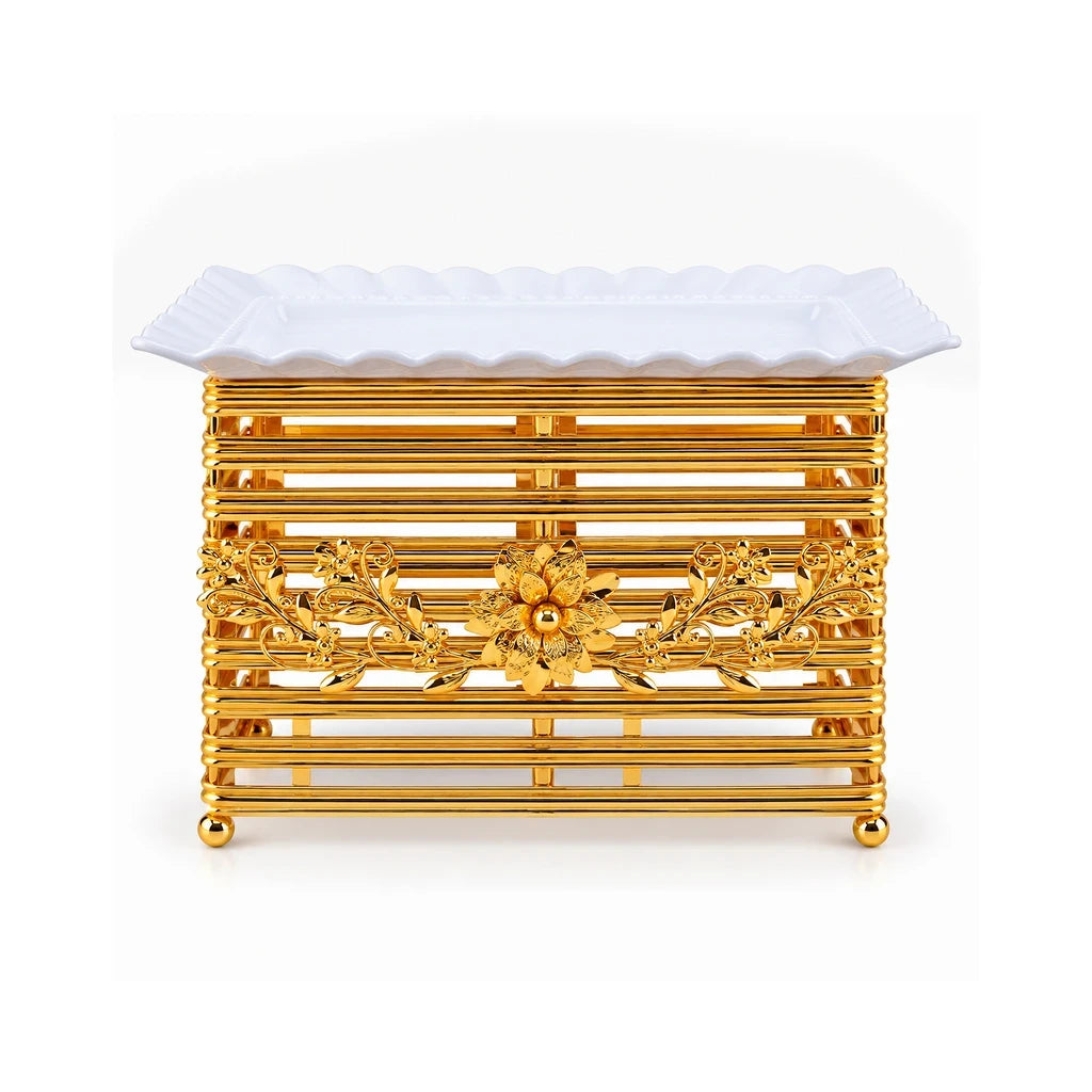 Lotus 30 cm Rectangular Ceramic Serving Dish With Gold-Toned Floral Rail Stand