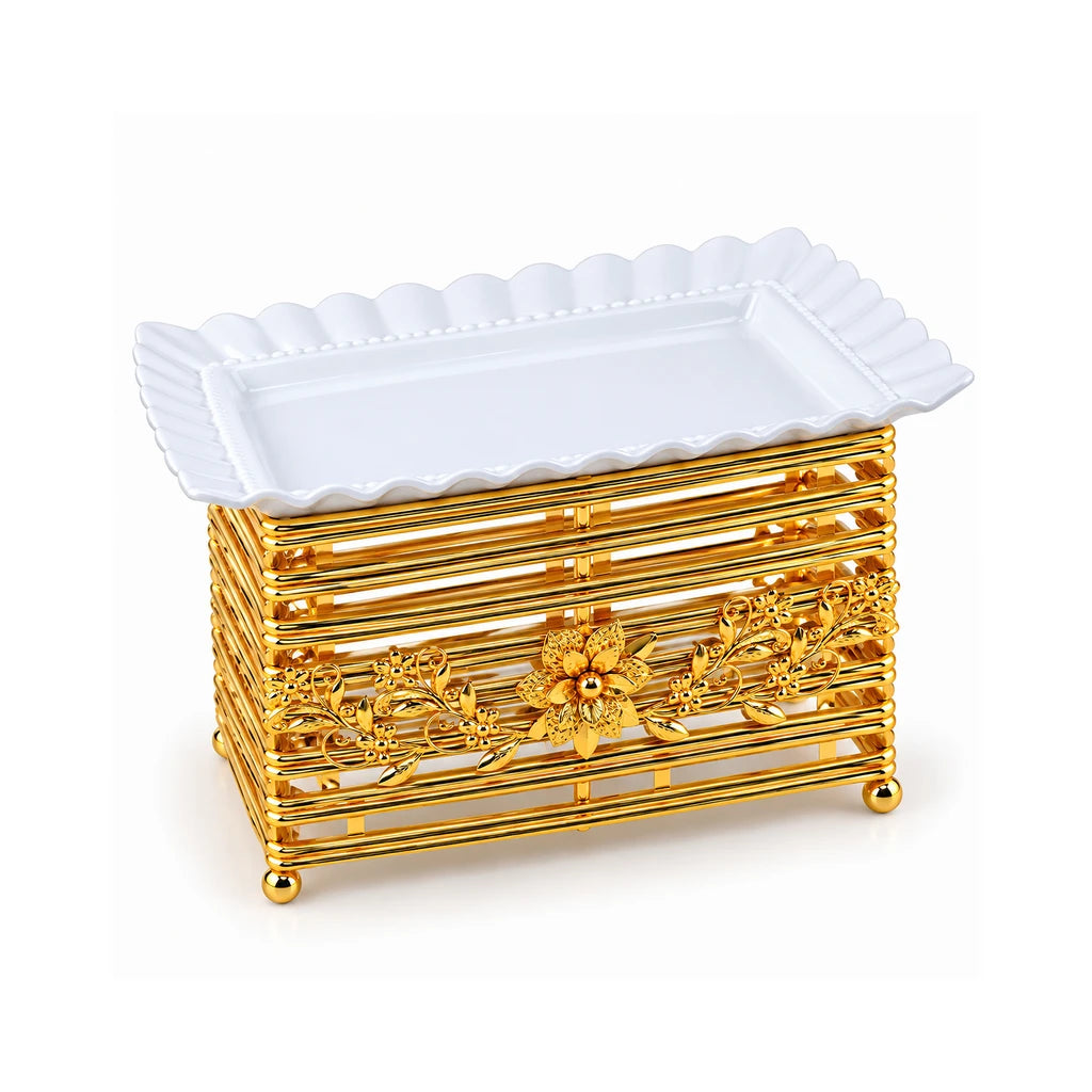 Lotus 30 cm Rectangular Ceramic Serving Dish With Gold-Toned Floral Rail Stand