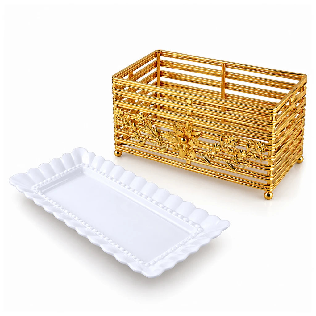 Lotus 30 cm Rectangular Ceramic Serving Dish With Gold-Toned Floral Rail Stand
