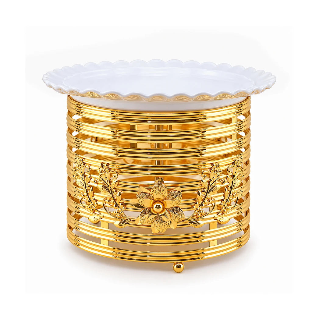 Lotus 27 cm Round Ceramic Serving Dish With Gold-Toned Floral Ring Stand