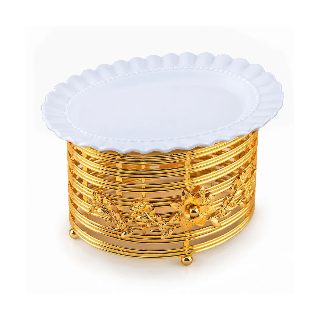 Lotus 27 cm Round Ceramic Serving Dish With Gold-Toned Floral Ring Stand