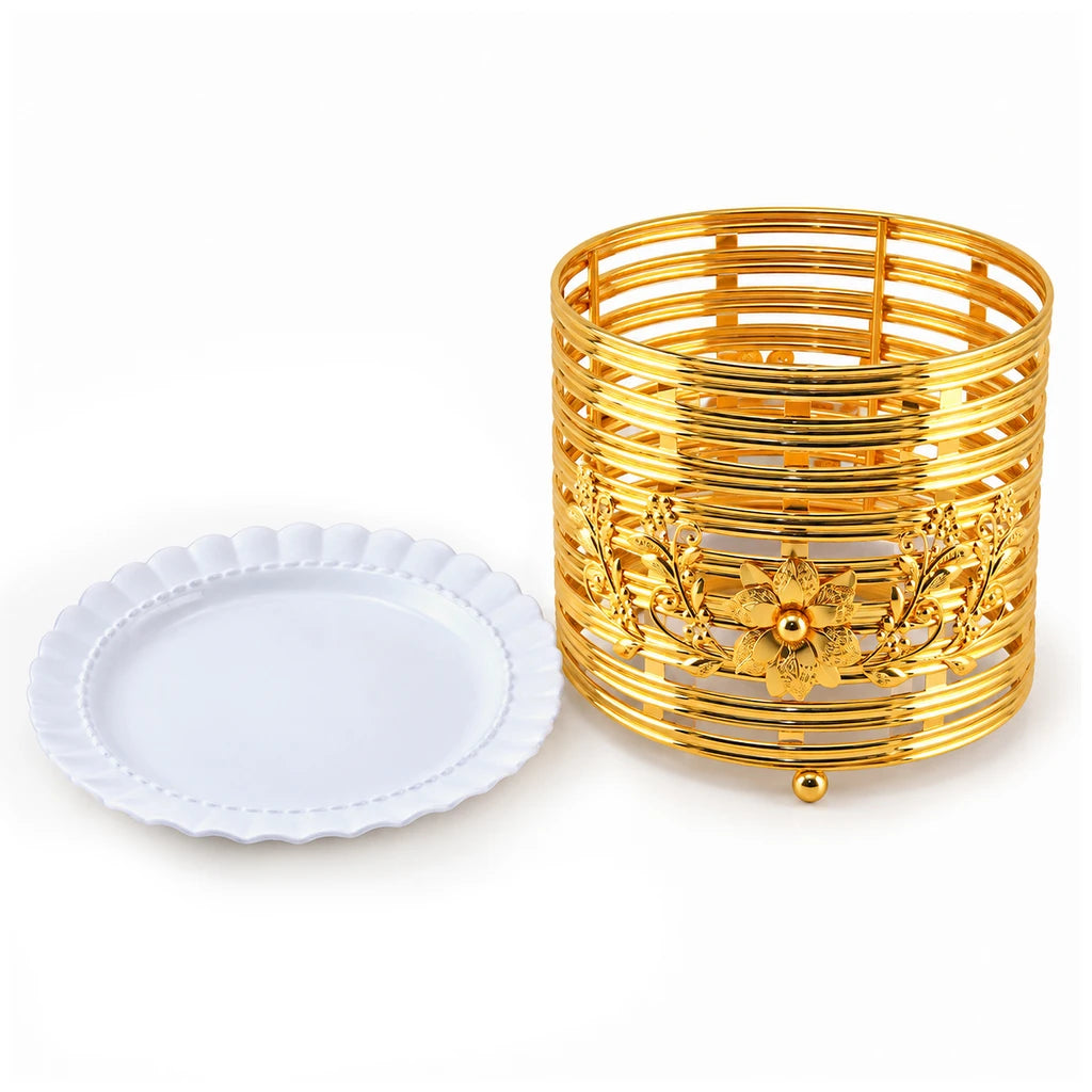 Lotus 27 cm Round Ceramic Serving Dish With Gold-Toned Floral Ring Stand
