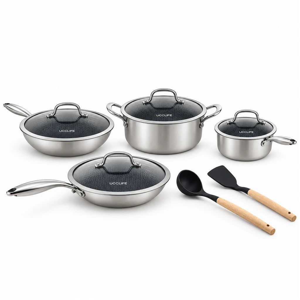 UCC Life 9-Piece Honeycomb Non-Stick Stainless Steel Cookware Set
