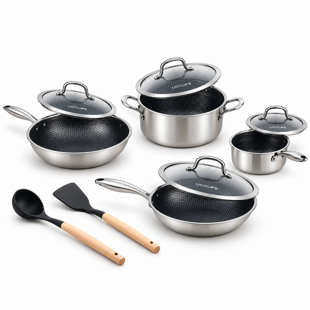 UCC Life 9-Piece Honeycomb Non-Stick Stainless Steel Cookware Set