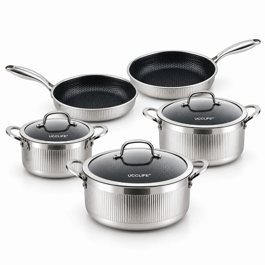 UCC Life 8-Piece Honeycomb Non-Stick Stainless Steel Cookware Set