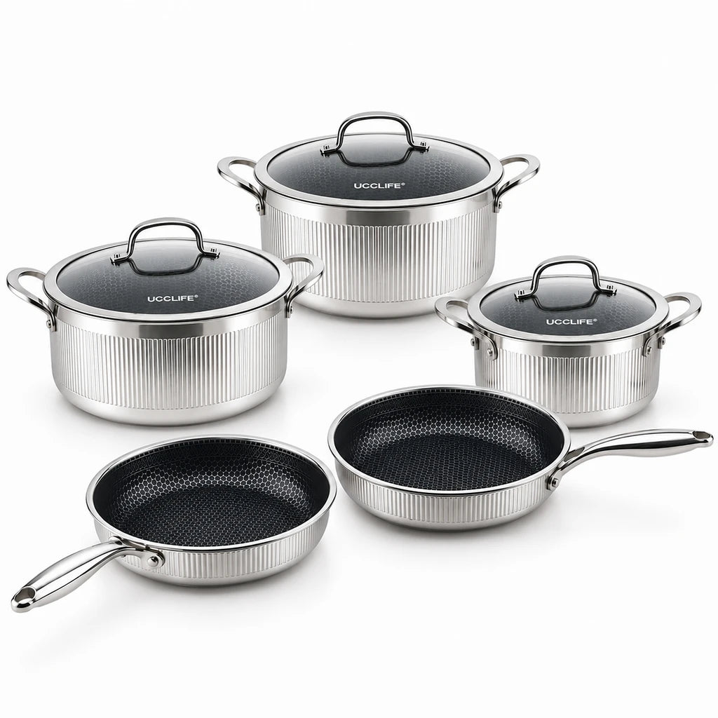UCC Life 8-Piece Honeycomb Non-Stick Stainless Steel Cookware Set