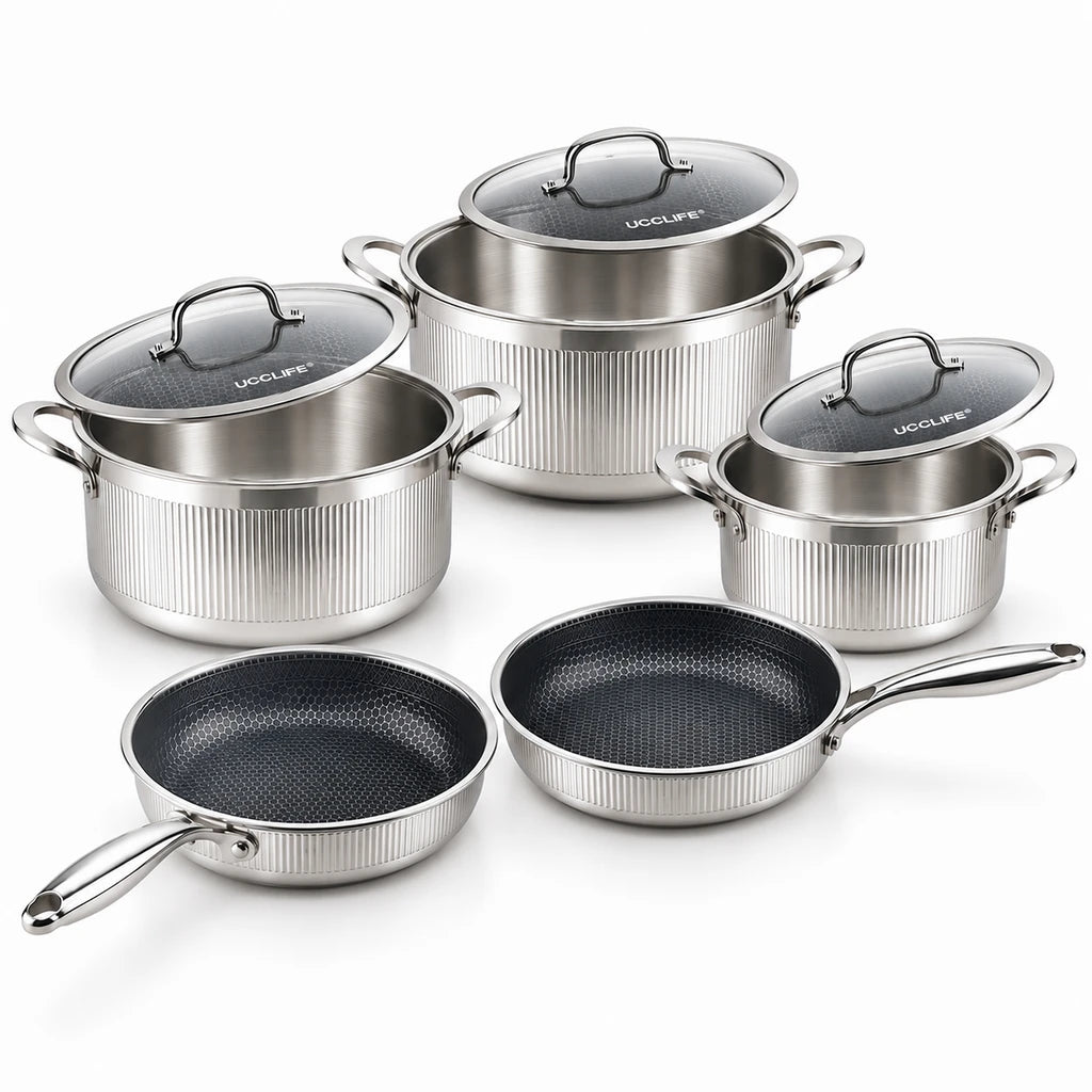 UCC Life 8-Piece Honeycomb Non-Stick Stainless Steel Cookware Set