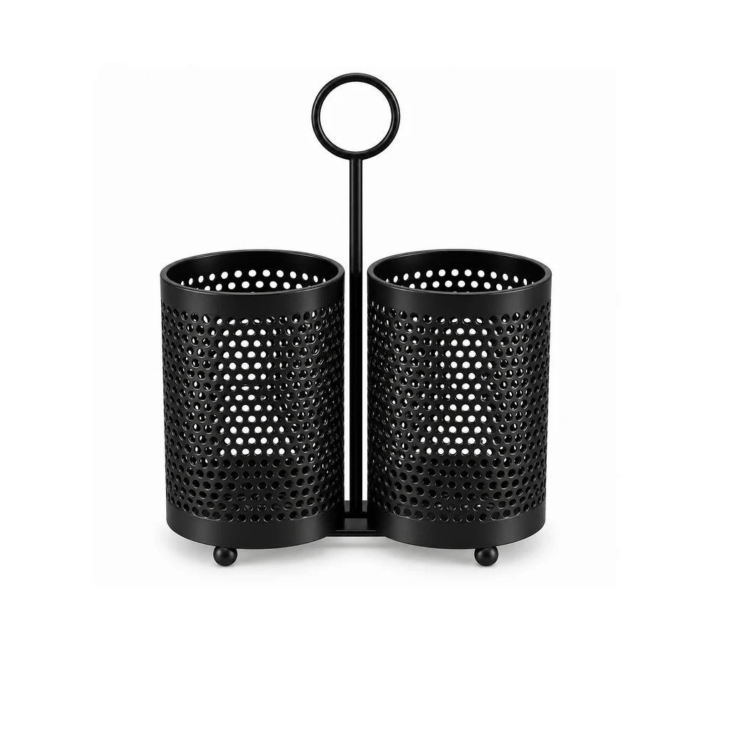 Fancy 2-Compartment Stainless Steel Utensil Holder - Black & Gold
