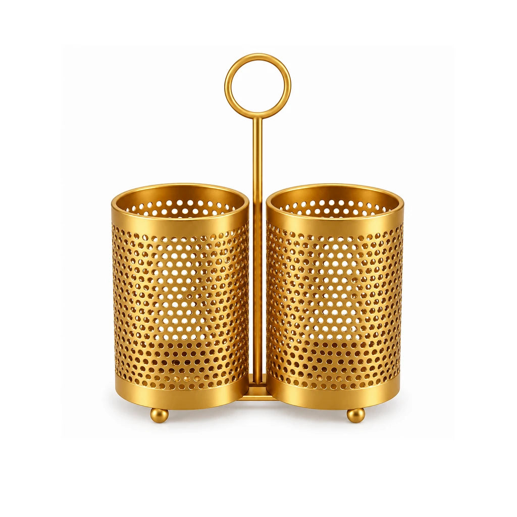 Fancy 2-Compartment Stainless Steel Utensil Holder - Black & Gold