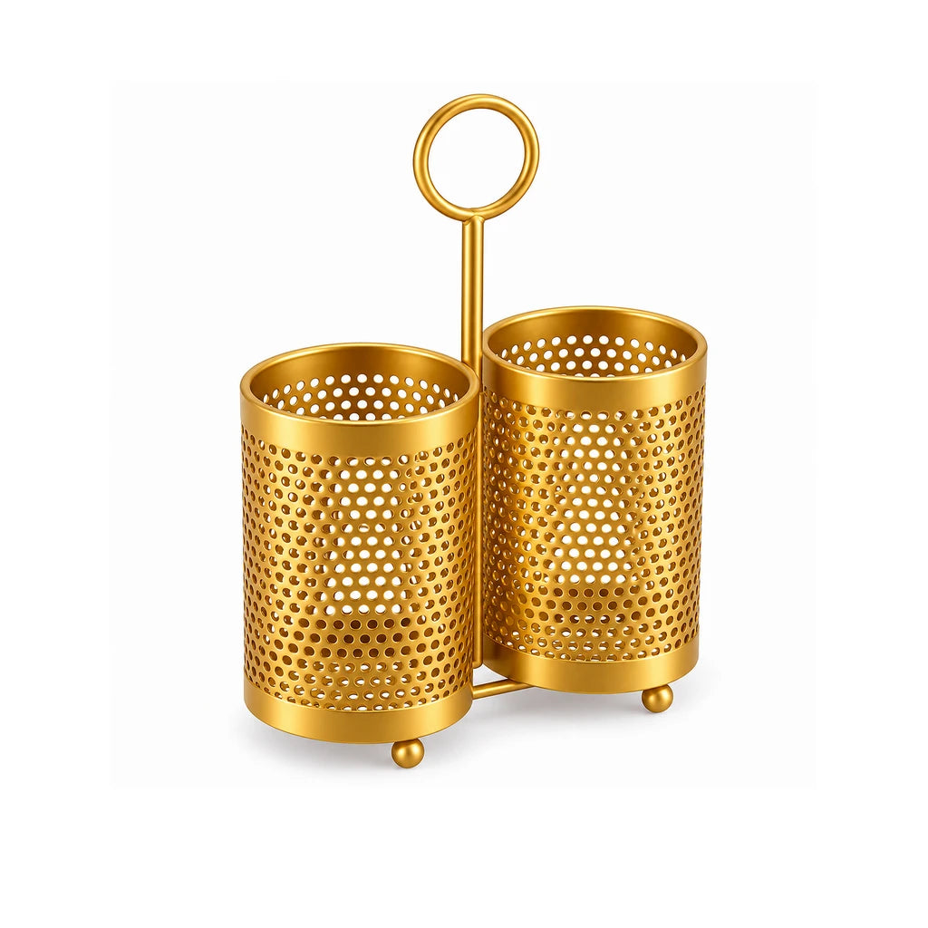 Fancy 2-Compartment Stainless Steel Utensil Holder - Black & Gold