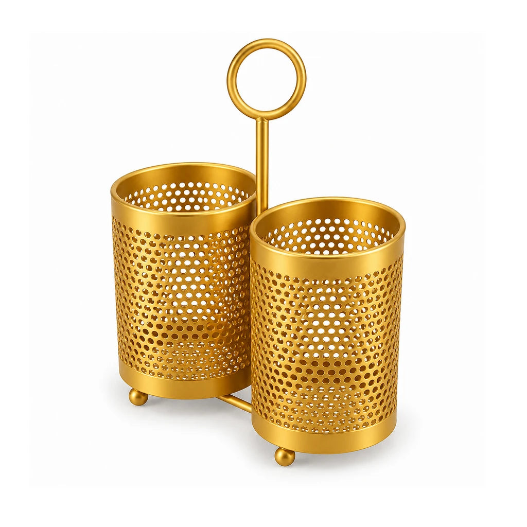 Fancy 2-Compartment Stainless Steel Utensil Holder - Black & Gold
