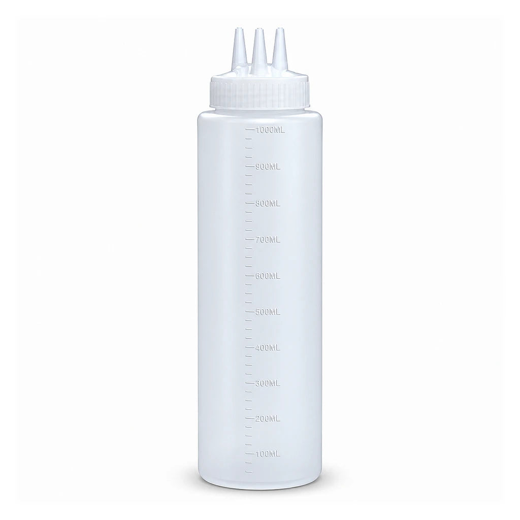 Best 1000 ml White Plastic Sauce Bottle With 3 Nozzles & Volume Markings
