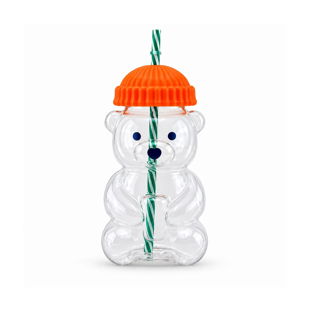 D.W.M 650 ml Bear-Shaped Glass Mug With Lid & Straw - Pink, Green, Blue, Yellow & Orange