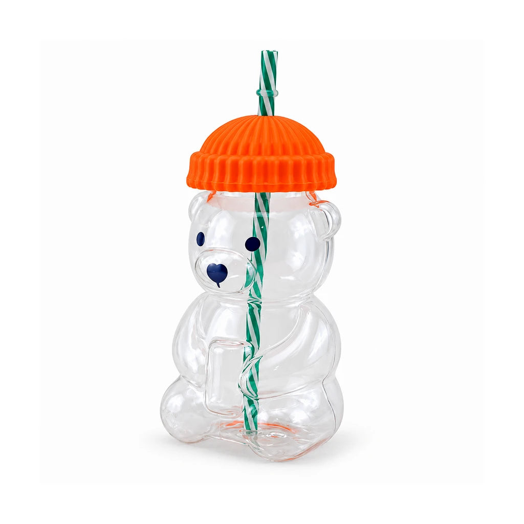 D.W.M 650 ml Bear-Shaped Glass Mug With Lid & Straw - Pink, Green, Blue, Yellow & Orange