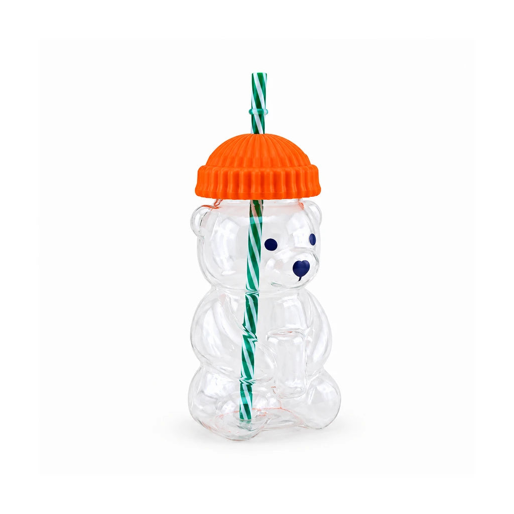 D.W.M 650 ml Bear-Shaped Glass Mug With Lid & Straw - Pink, Green, Blue, Yellow & Orange