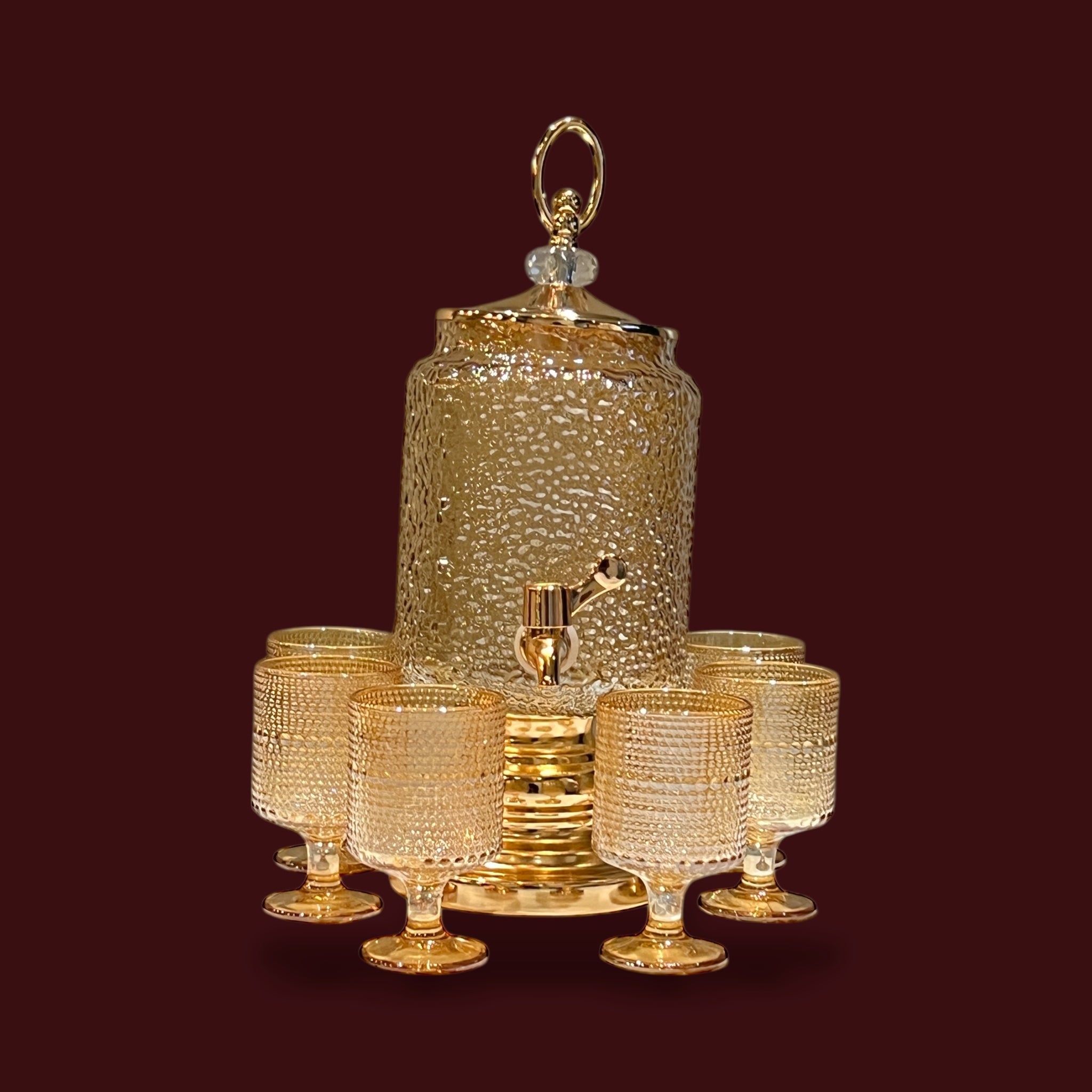 Fancy Golden 4-Liter Glass Beverage Dispenser With Six Glasses