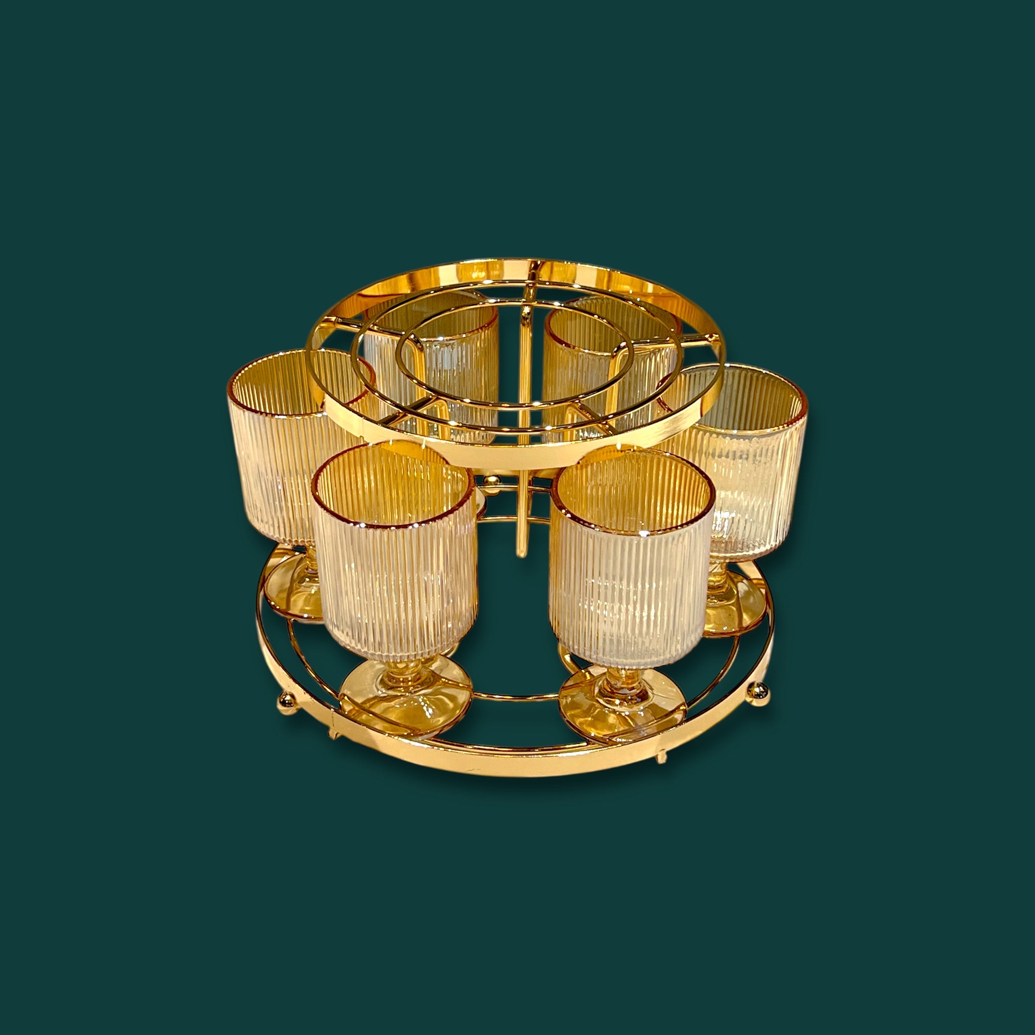 Fancy 4-Liter Glass Beverage Dispenser With 6 Glasses And Metal Golden Stand