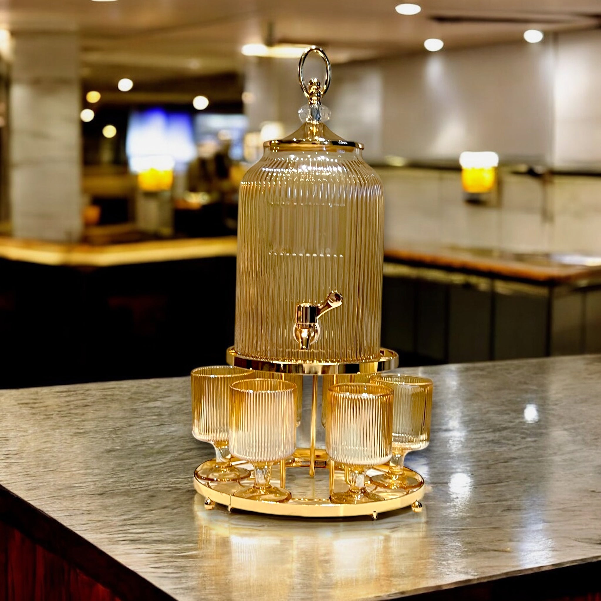 Fancy 4-Liter Glass Beverage Dispenser With 6 Glasses And Metal Golden Stand