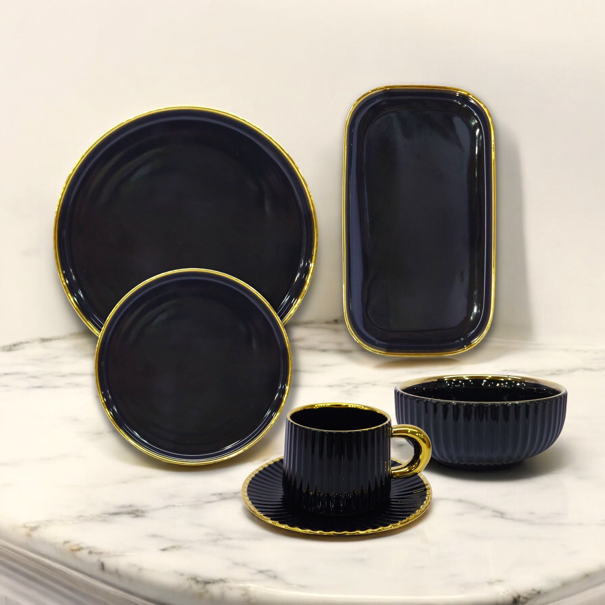 Fancy Porcelain 32-Piece Breakfast Set Black With Golden Line Borders