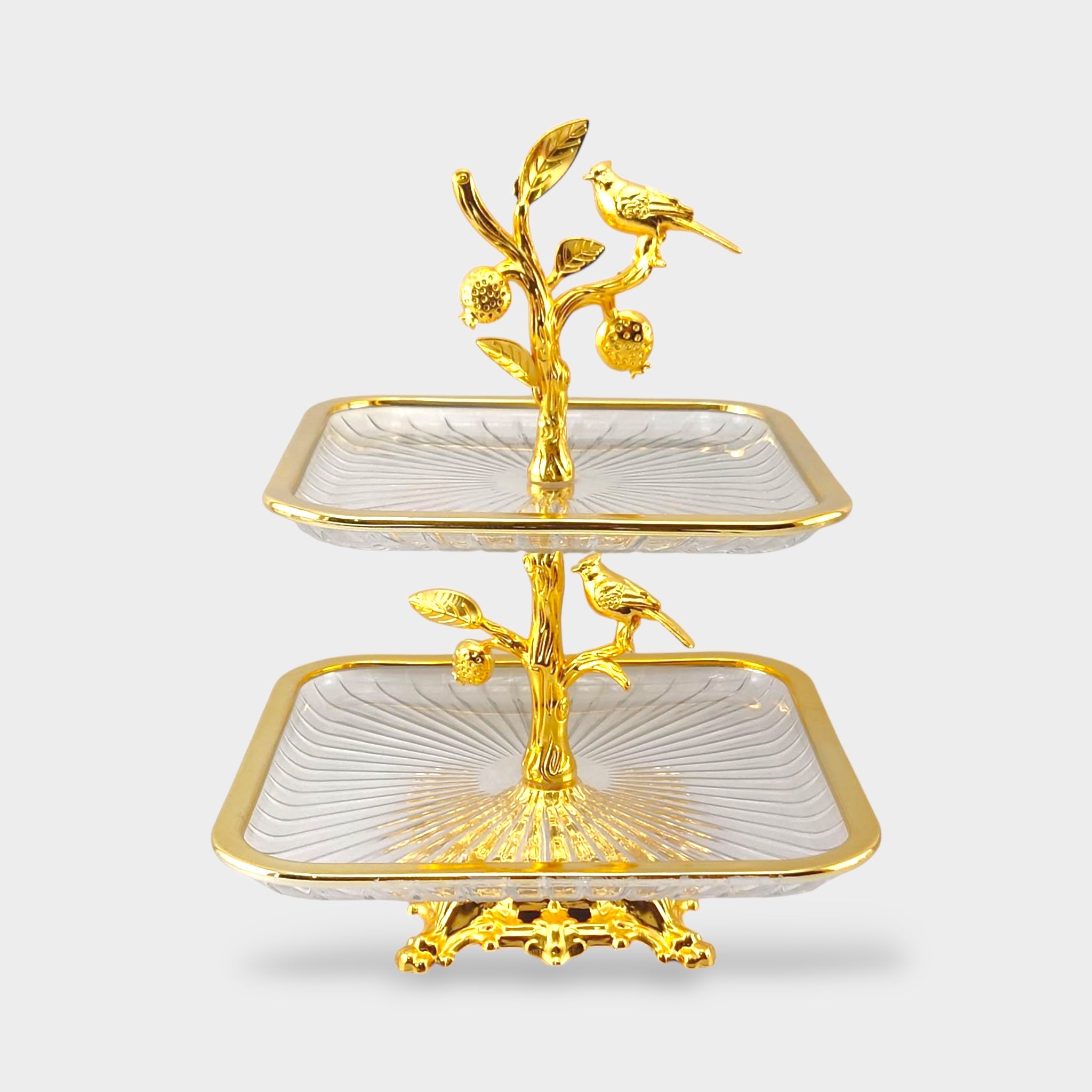2-Tier Fancy Glass Square Platter Golden