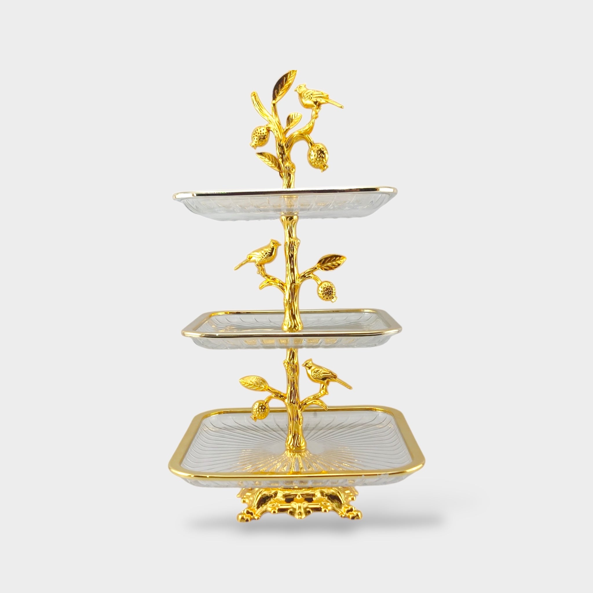 3-Tier Square Fancy Glass Platter Golden