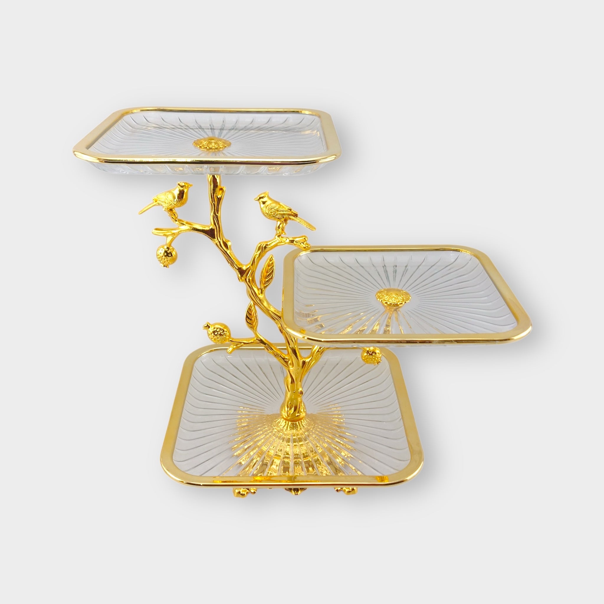 3-Tier Square Fancy Glass Platter Golden
