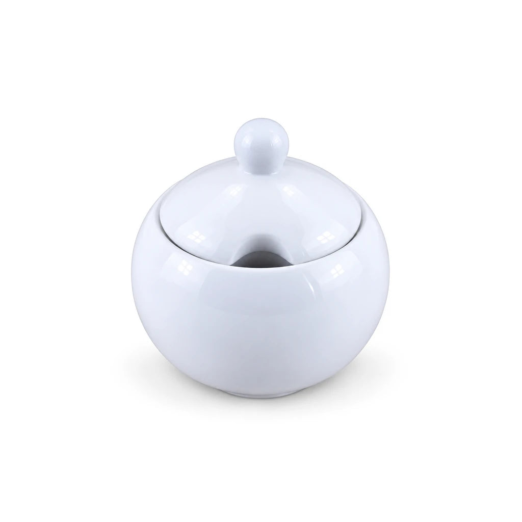 Forte B.K Round White Ceramic Sugar Pot with Lid, 450 ml
