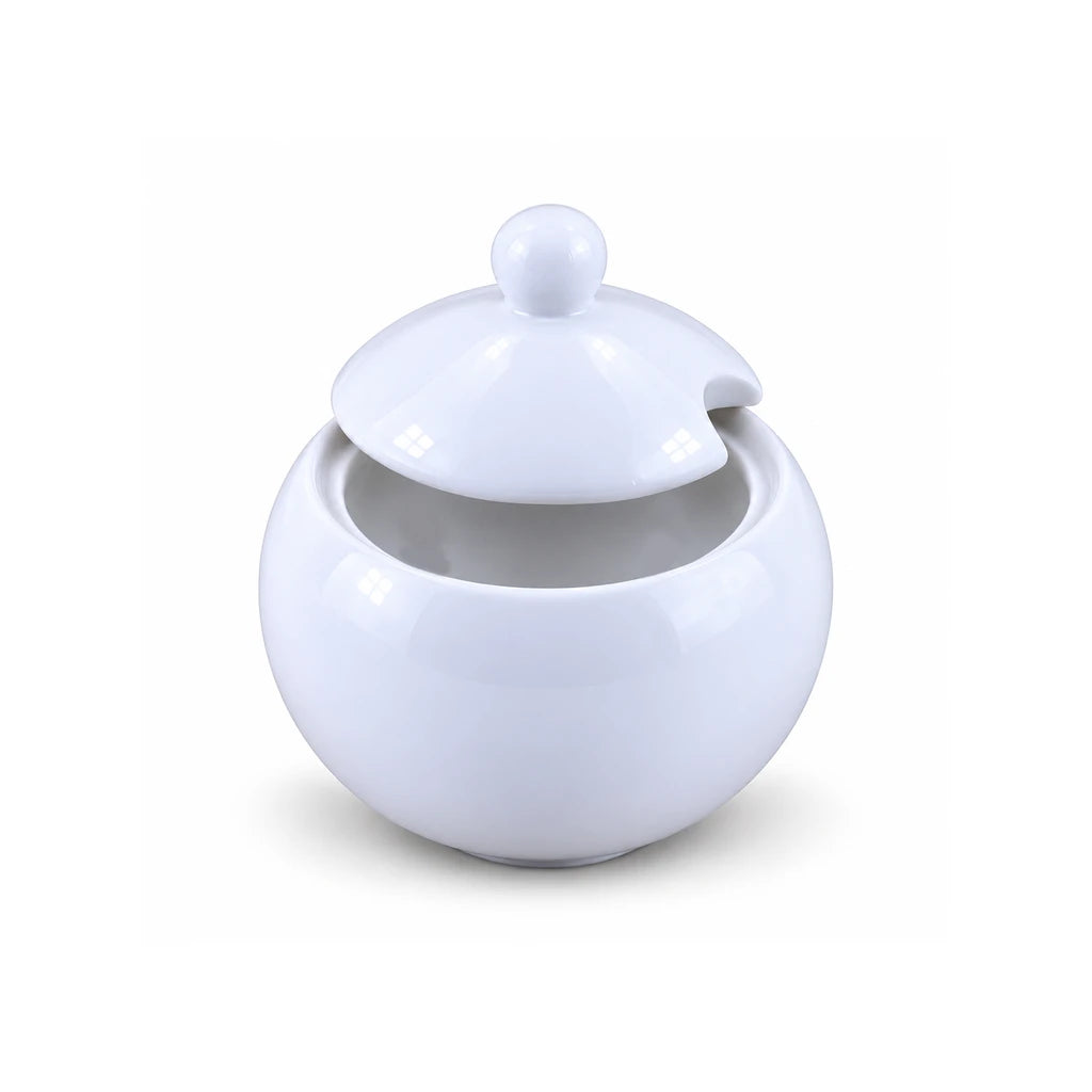 Forte B.K Round White Ceramic Sugar Pot with Lid, 450 ml