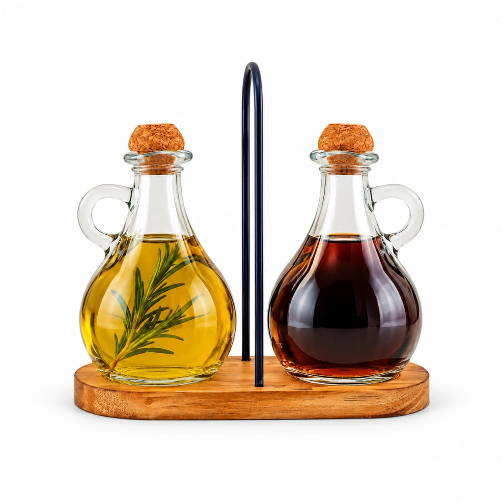Danny Home 2-Piece Glass Oil Bottle Set with Wooden Base