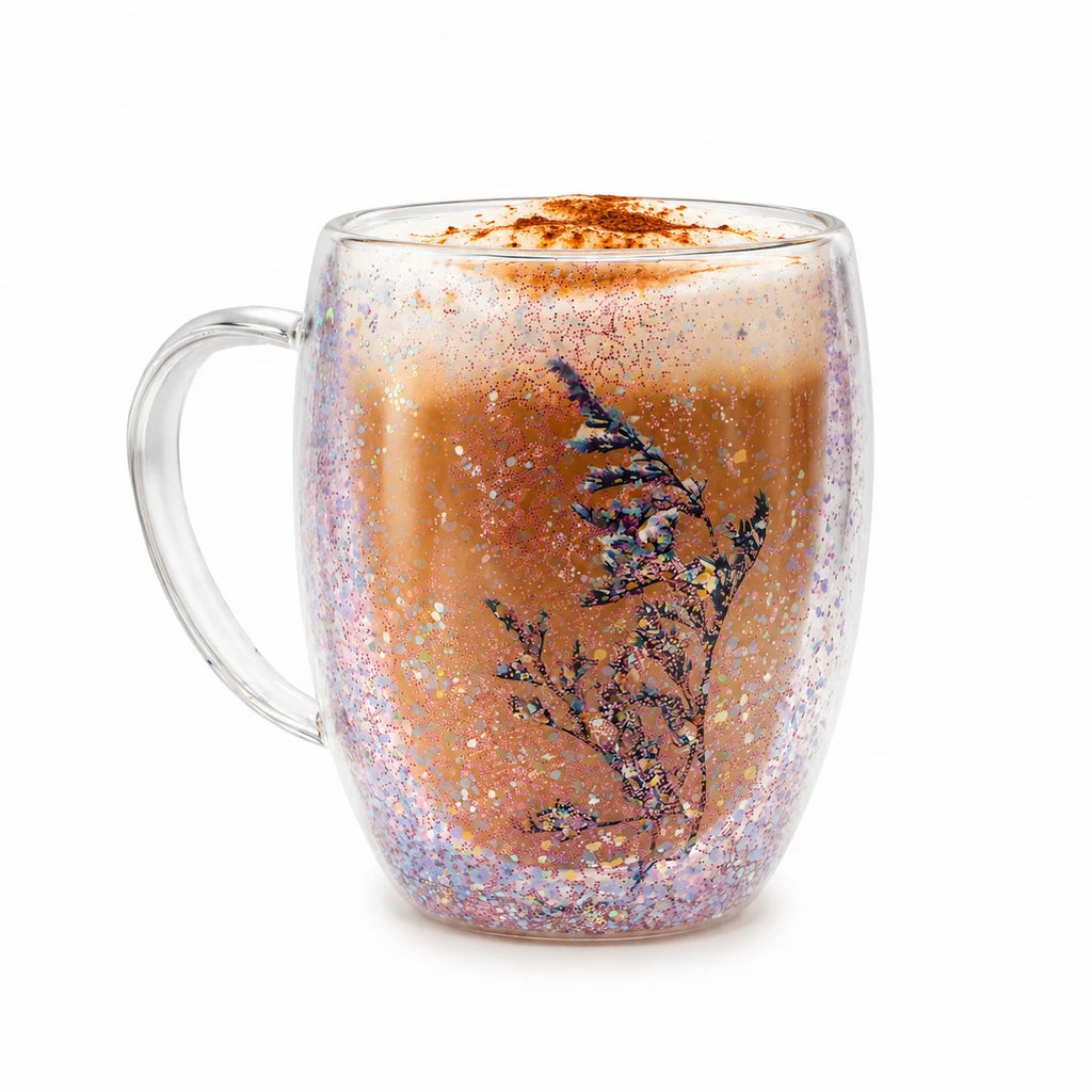 D.W.M Pink Glitter Leaf Double-Wall Glass Mug, 350 ml