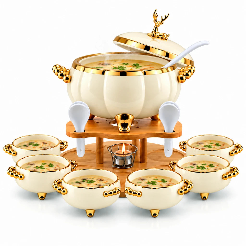 Royal Ivory Deer Ceramic Soup Set with Bamboo Base, 16 Pieces