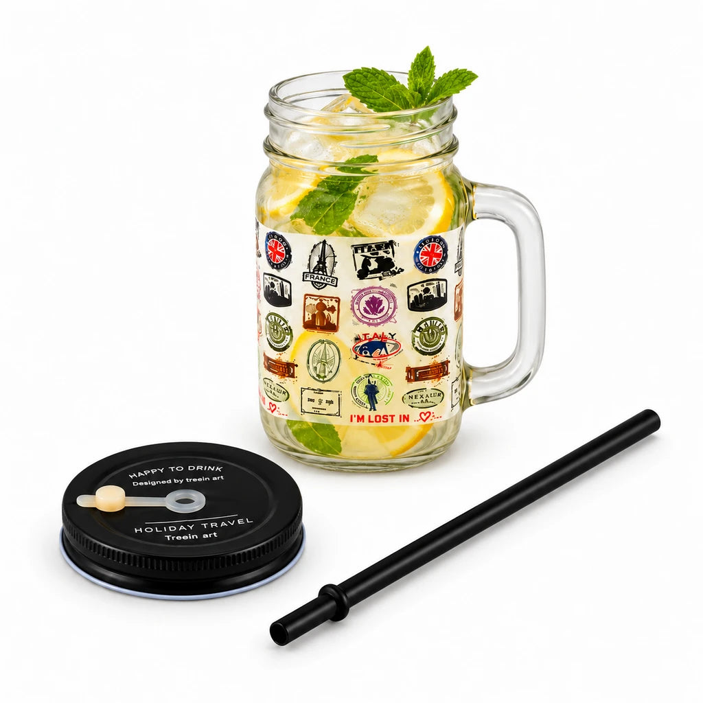 Kleeyo Passport Stamps 450 ml Glass Mason Jar with Straw