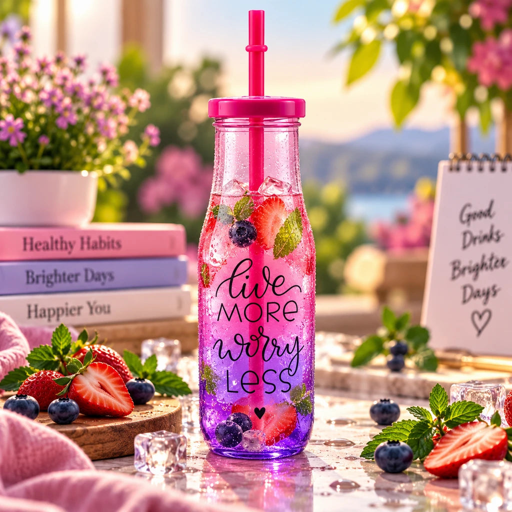 Kleeyo Pink-Purple Live More Worry Less Glass Bottle, 400 ml