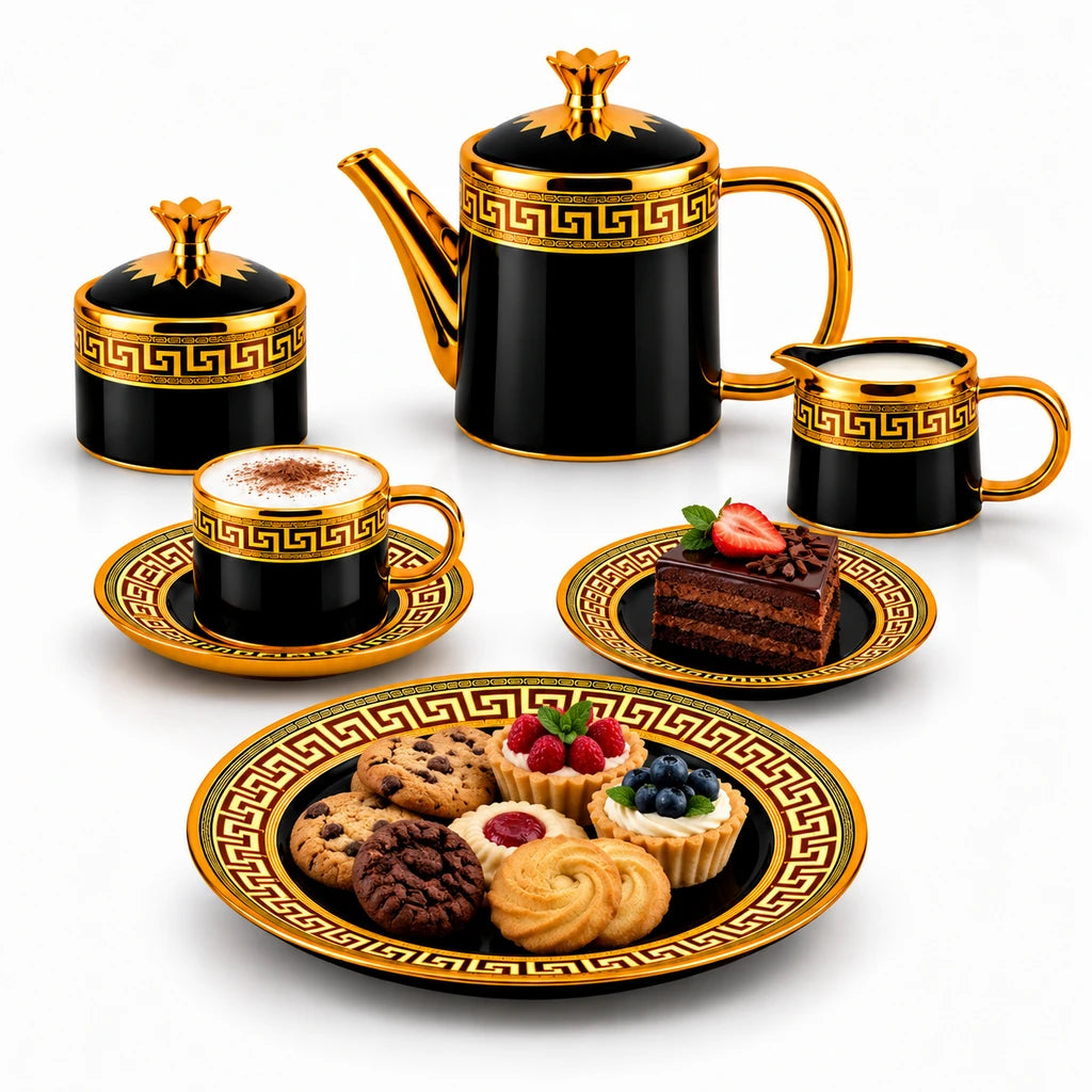 Royal Black Greek Key Ceramic Tea Set, 24 Pieces for Six