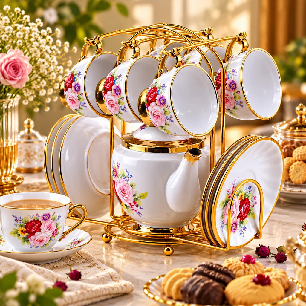 Royal Rose Bouquet Ceramic Tea Set with Stand, 13 Pieces