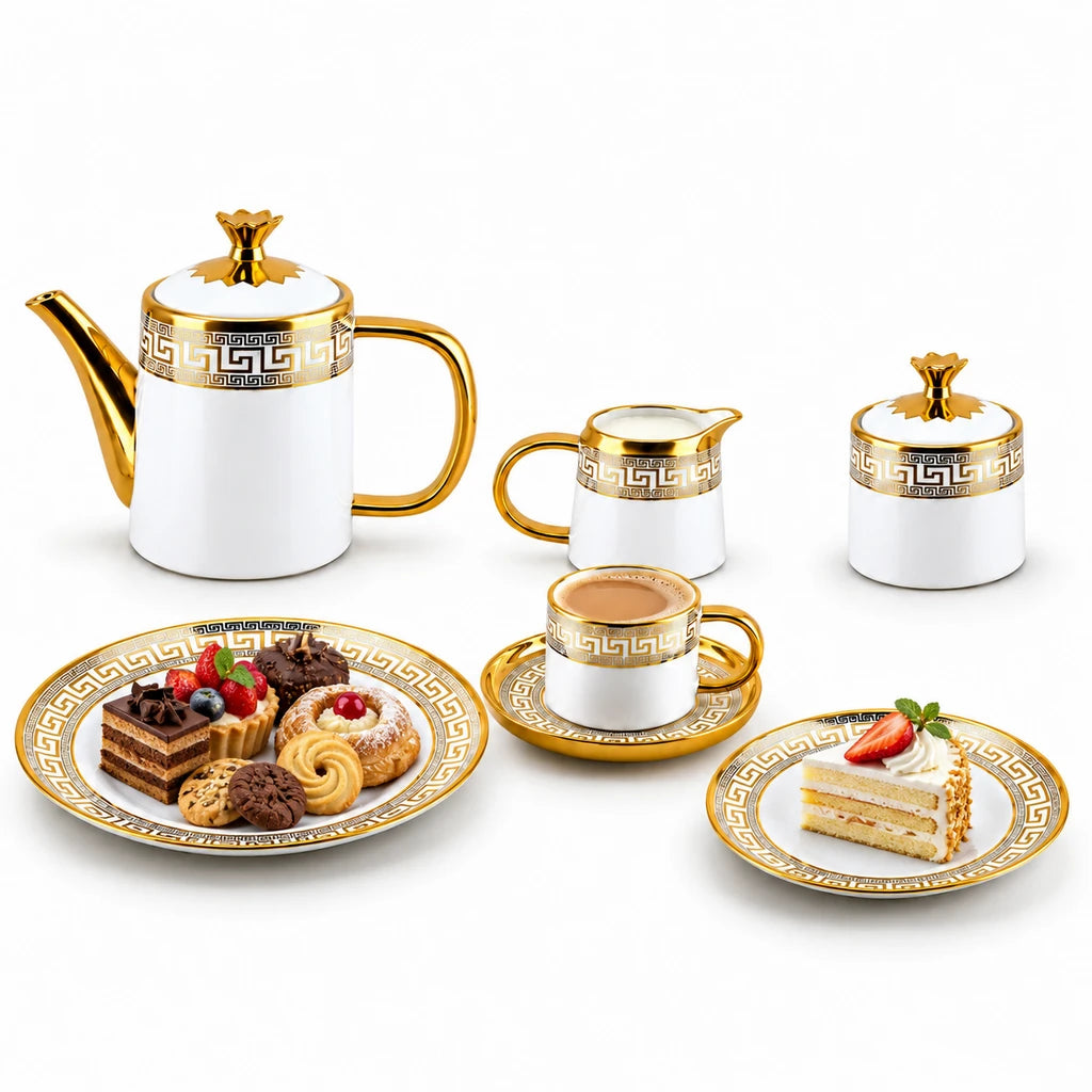 Royal White Greek Key Ceramic Tea Set, 24 Pieces for Six