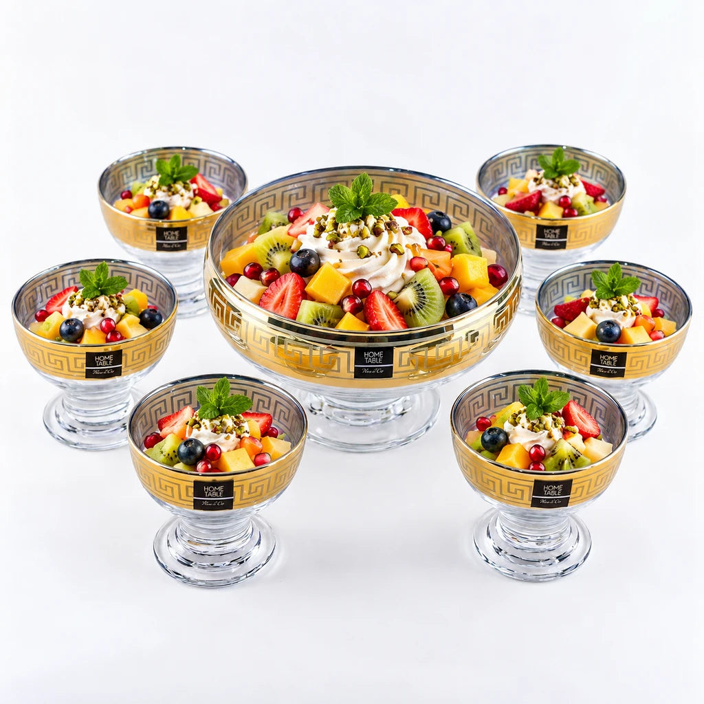Home Table Geometric Greek Gold Glass Dessert Set, 7 Pieces