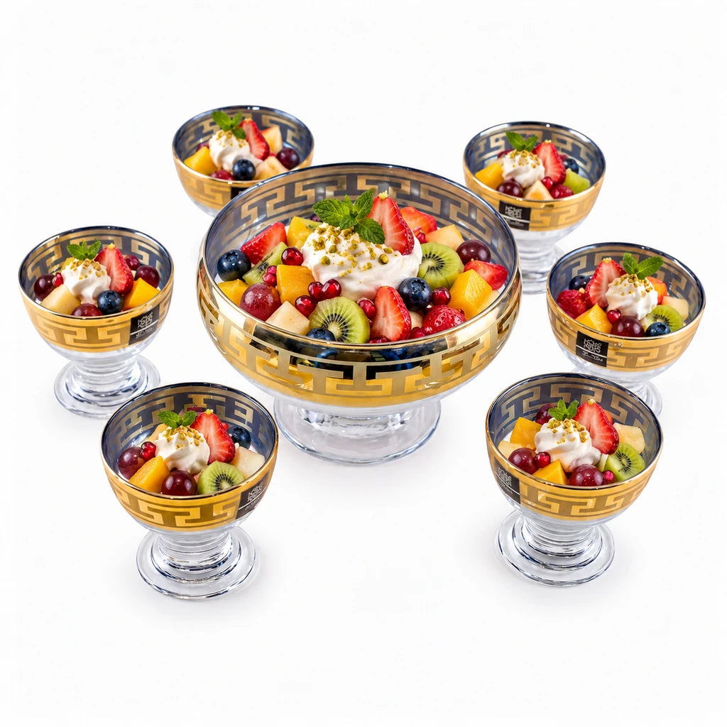 Home Table Classic Gold Scroll Glass Dessert Set, 7 Pieces